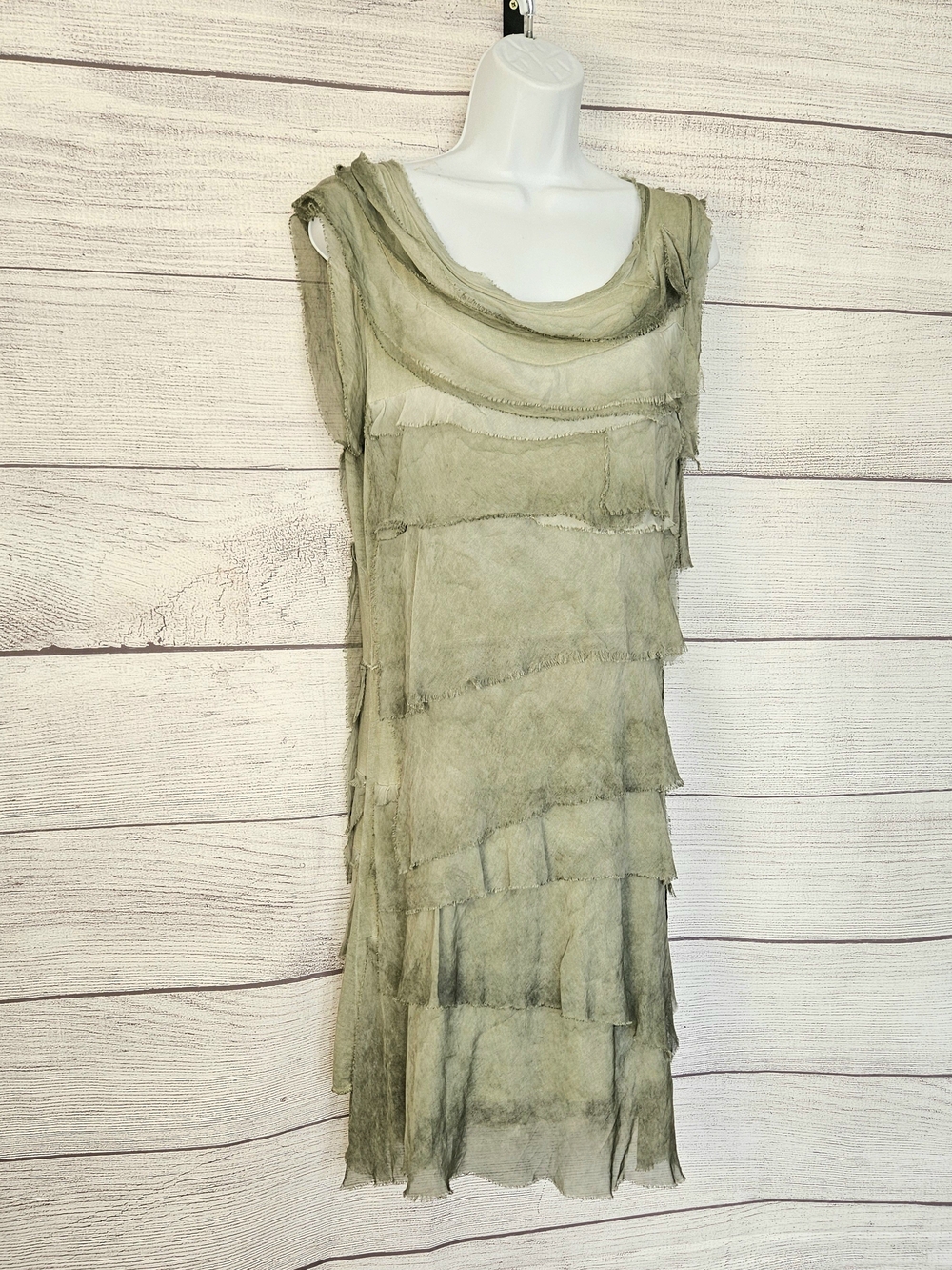 Sleeveless Italian Silk Ruffle Dress Olive Ombre